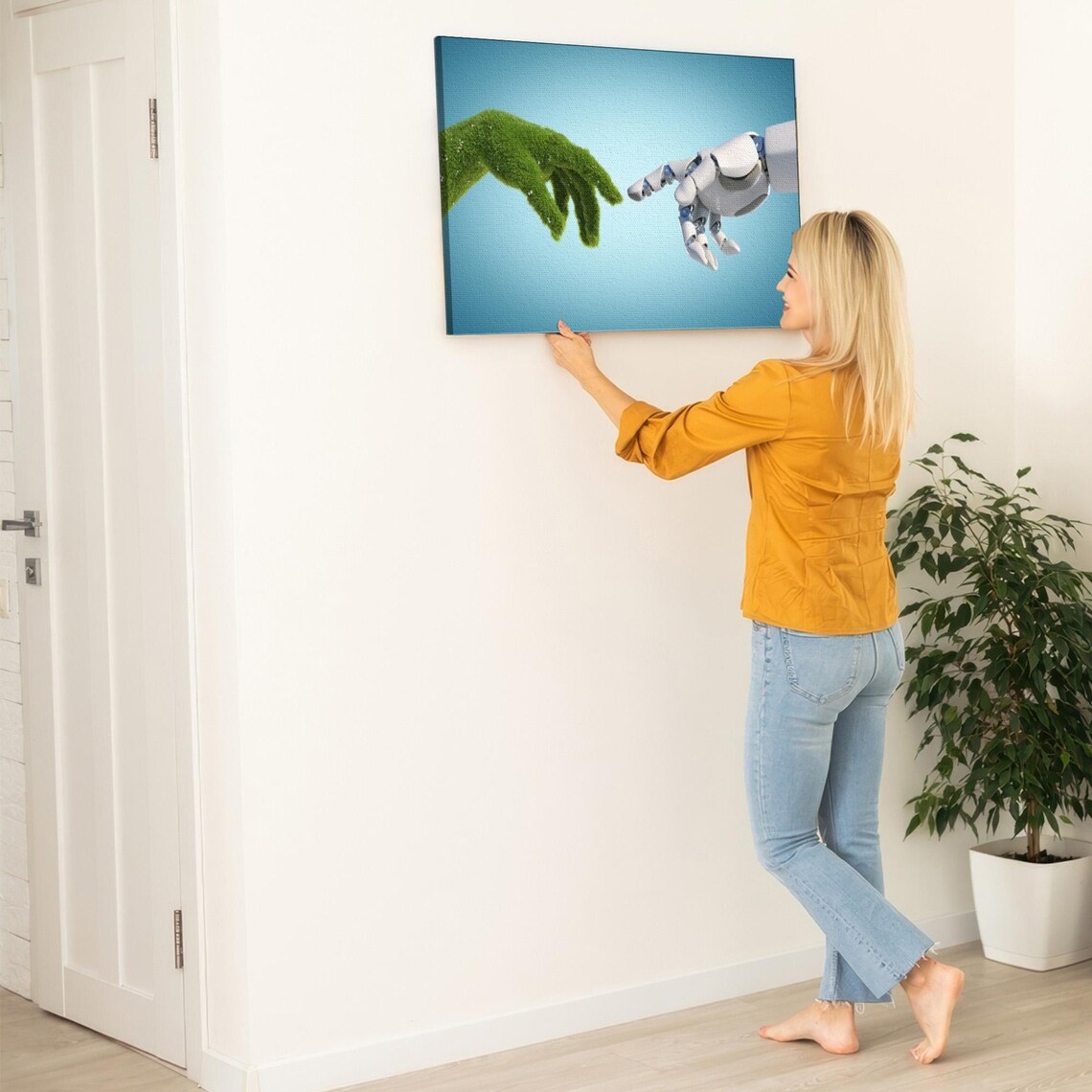 Green Nature Hand Reaching Toward Robot Hand Technology Art Poster - Image 5