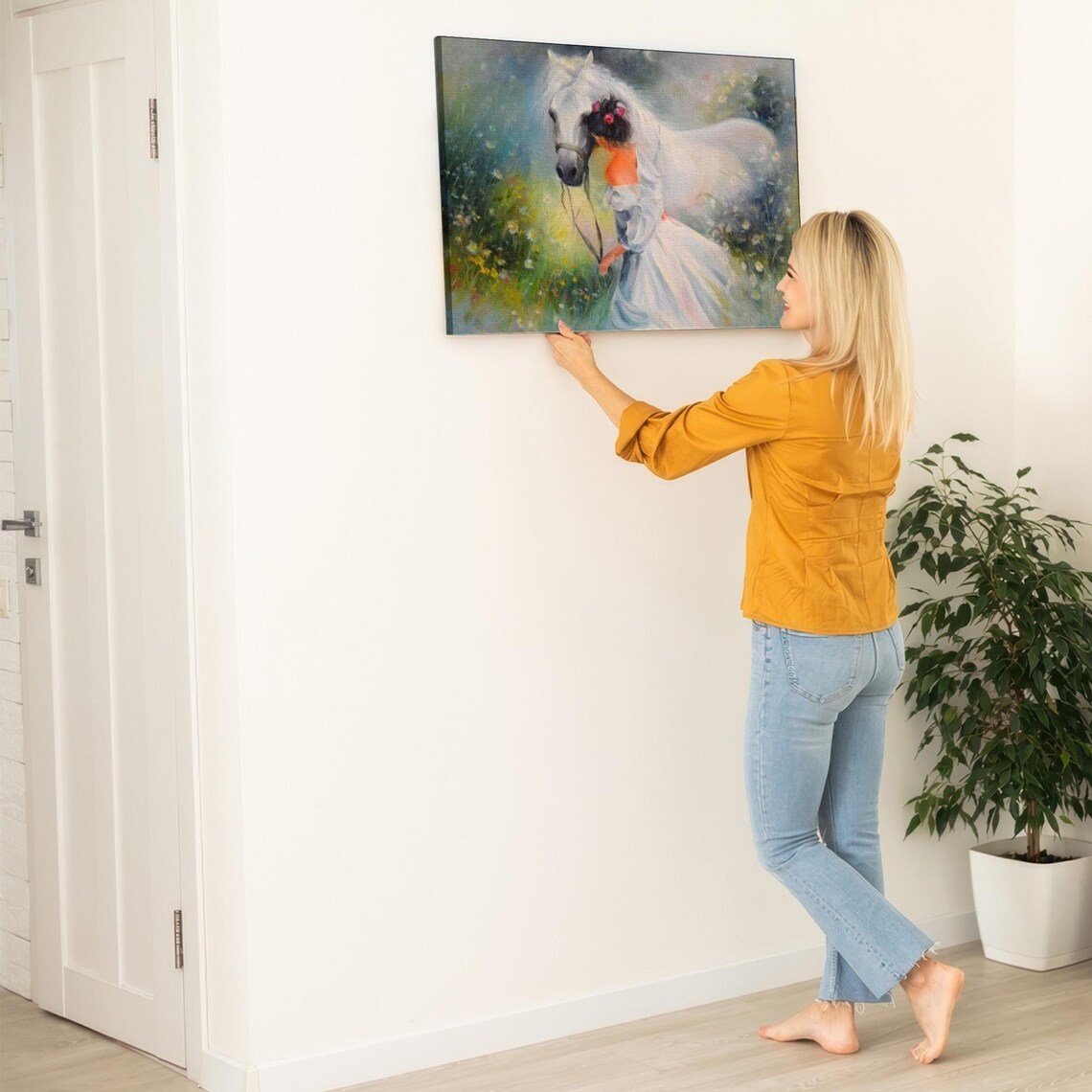 Girl with Flower Crown Embracing a White Horse Meadow Painting Poster - Image 5