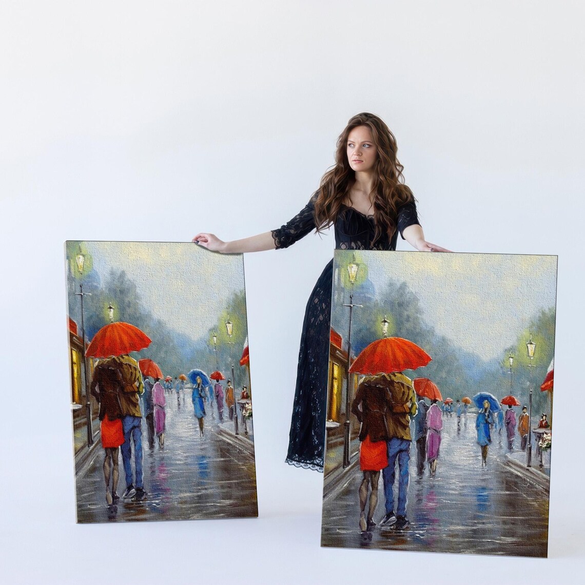 Romantic Couple Under Red Umbrella Walking In Rainy Street Poster - Image 5