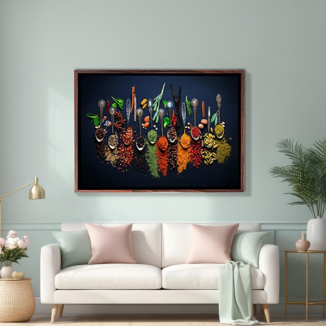 Colorful Spices in Spoons on Dark Background Kitchen Art Poster
