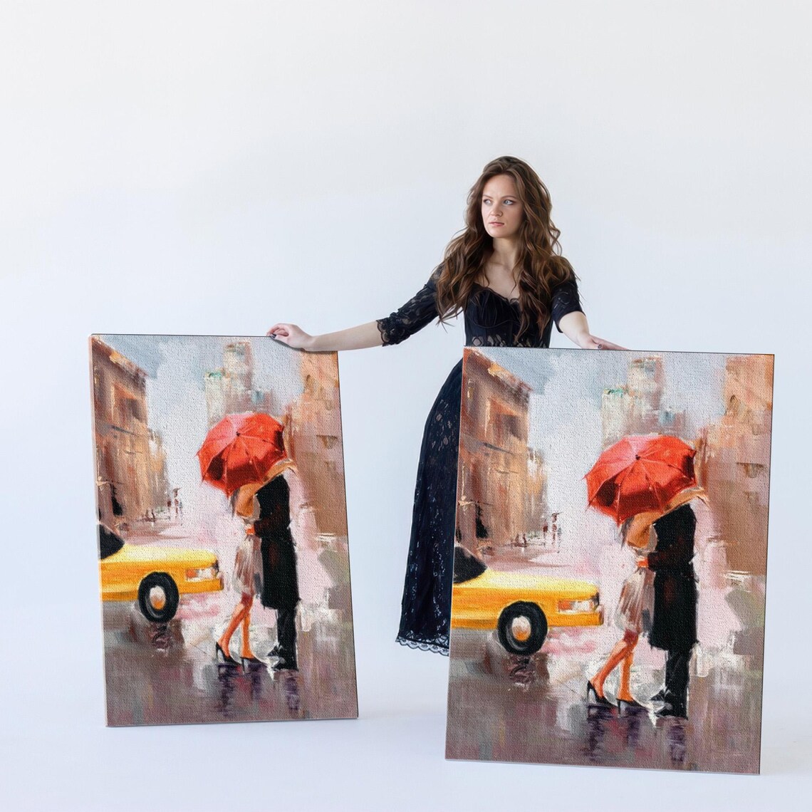 Reuniting Lovers Under Red Umbrella In Rainy City Street Art Poster - Image 5