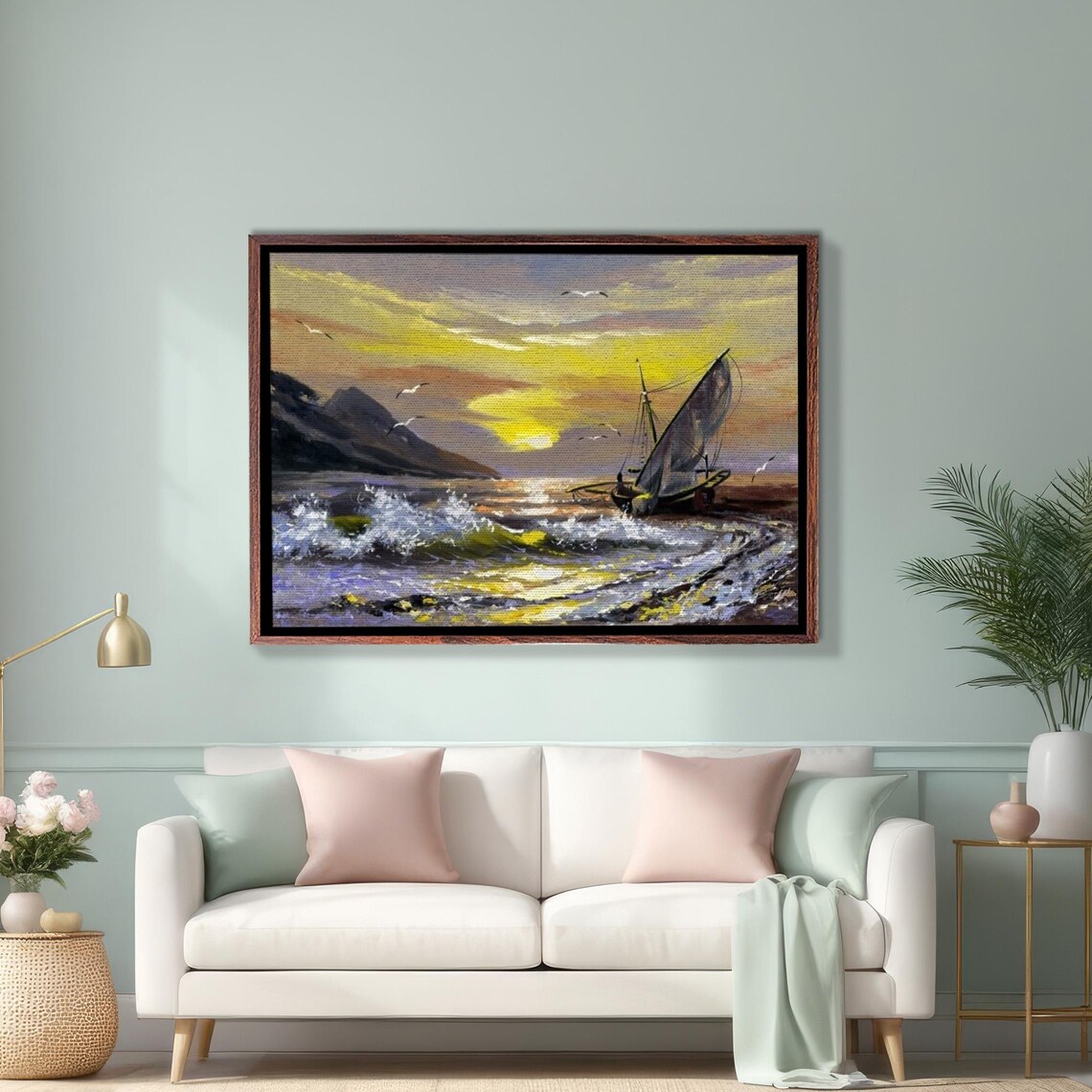 Sailboat On Ocean Waves At Golden Sunset Seascape Painting Poster