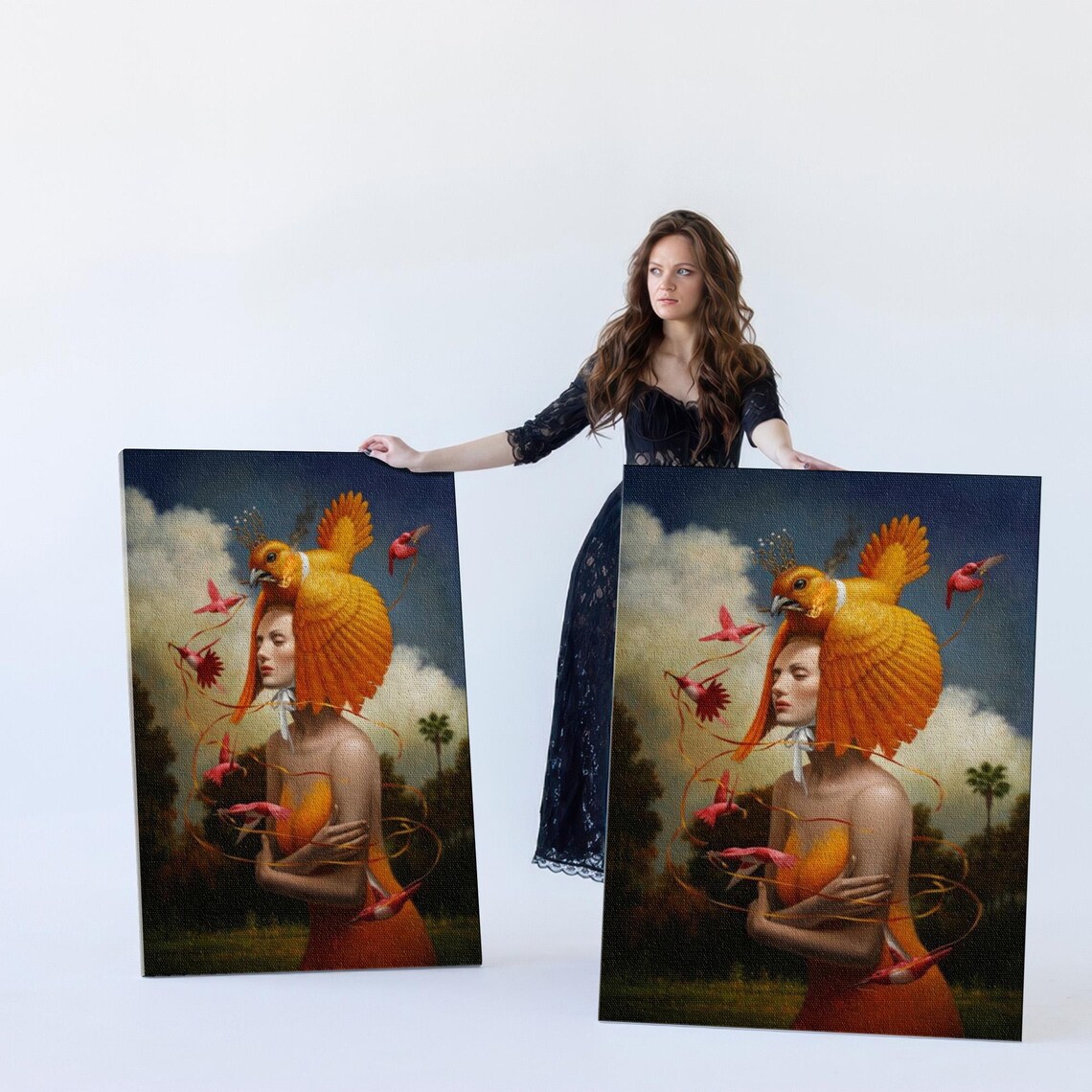 Surreal Woman With Golden Bird Crown In Orange Dress Art Poster - Image 5