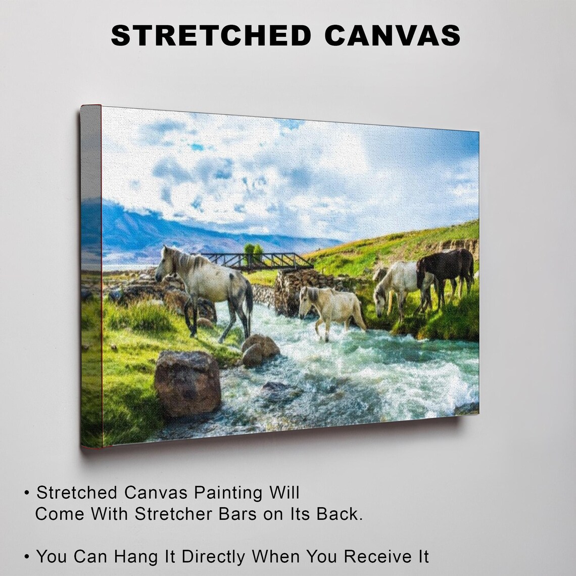 Wild Horses Crossing River In Green Mountain Valley Painting Poster - Image 3