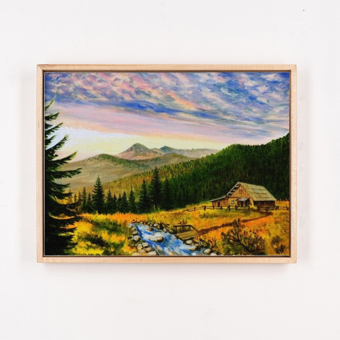 Carpathian Mountain Cabin by a Stream at Sunset Landscape Poster - Image 4