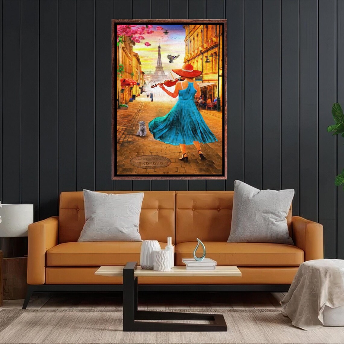 Violinist in Blue Dress on a Paris Street with Eiffel Tower Poster - Image 2