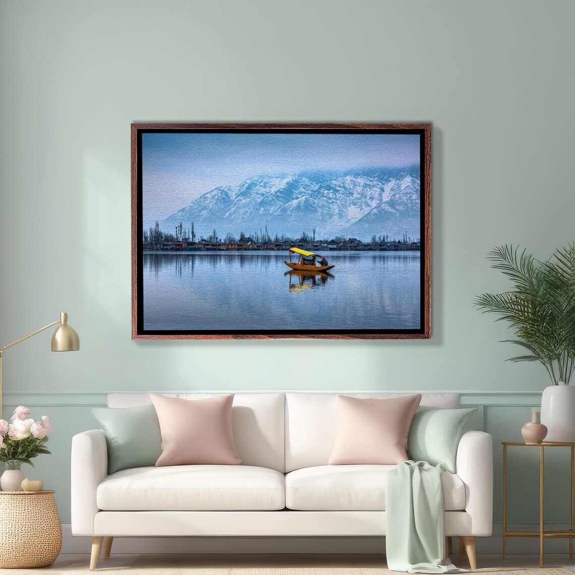 Winter on Srinagar's Dal Lake with Shikara Boat and Snowy Peaks Poster