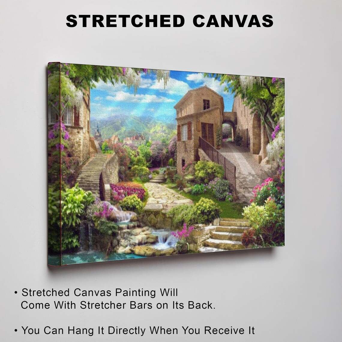 Old Stone Village Waterfall Stream Flower Garden Italy Poster - Image 3