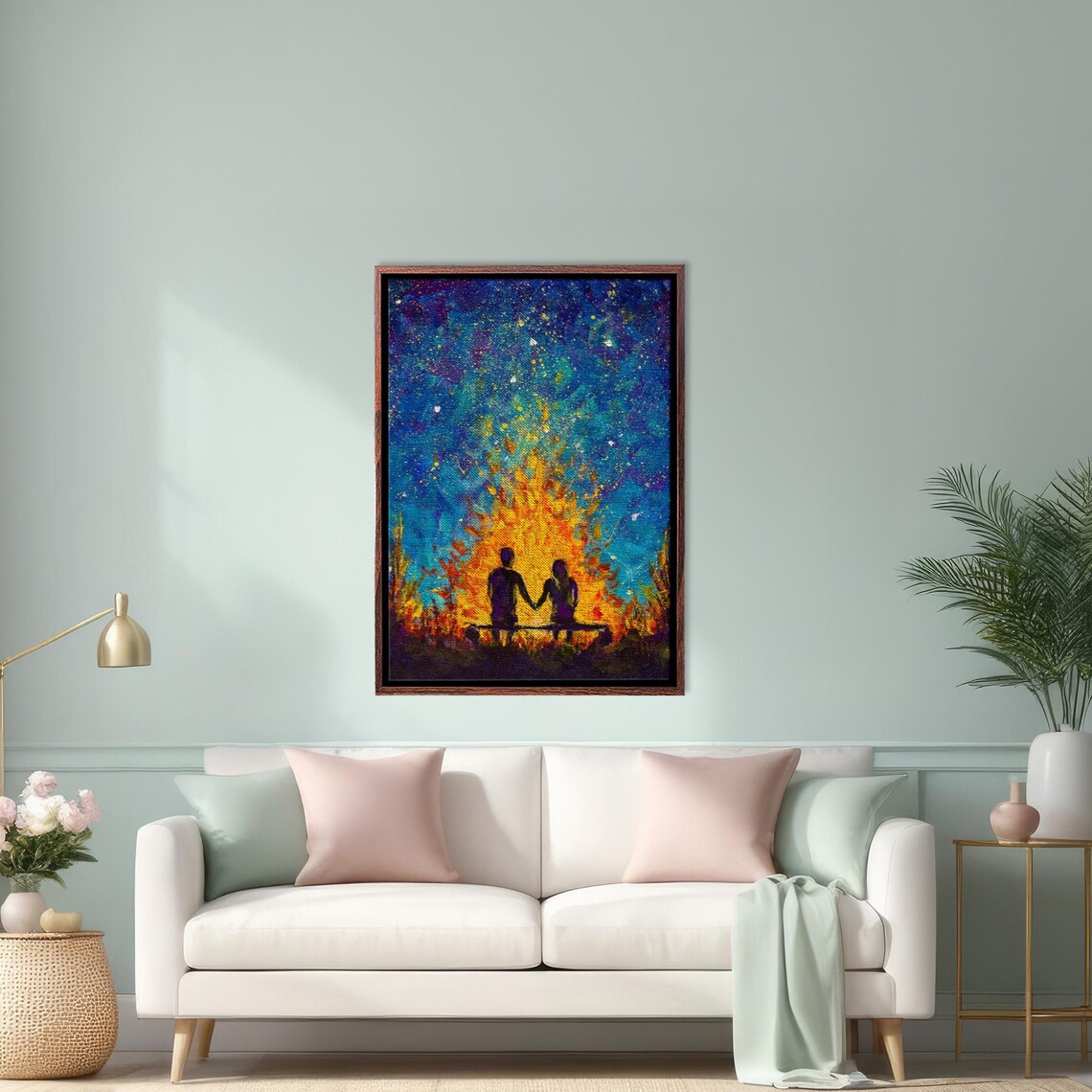 Couple Silhouette By Bonfire Under Starry Night Sky Painting Poster