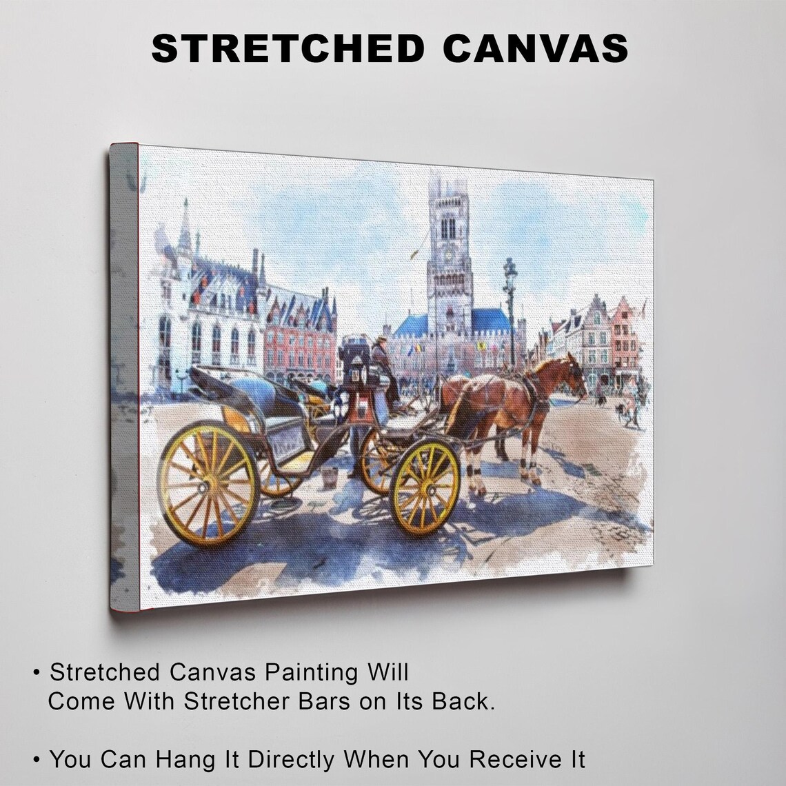 Bruges Belgium Town Square With Horse Carriage Watercolor Style Poster - Image 3