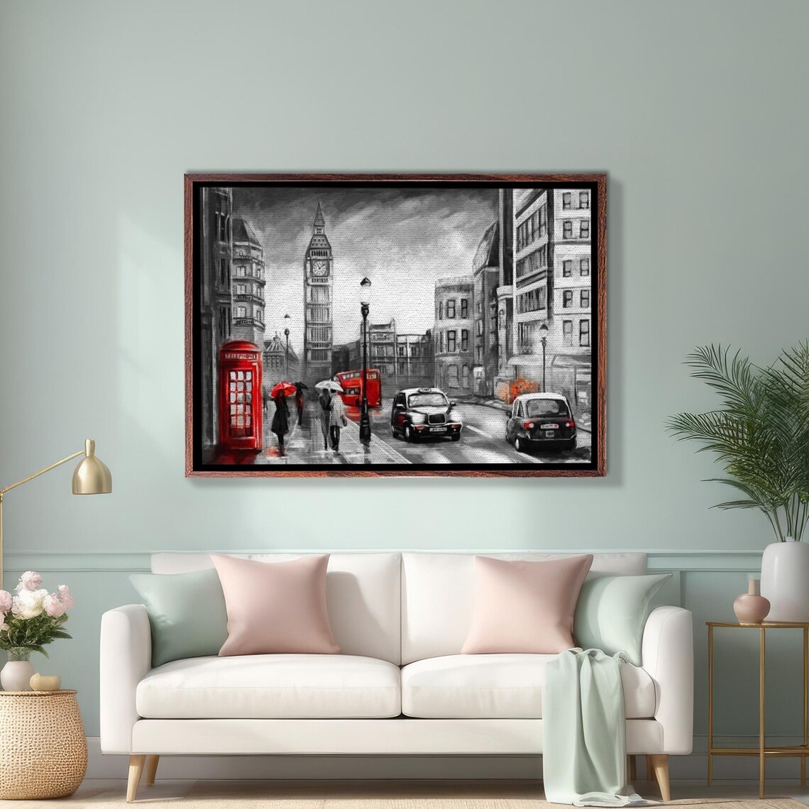 London Street in Black White and Red with Big Ben Tower Poster