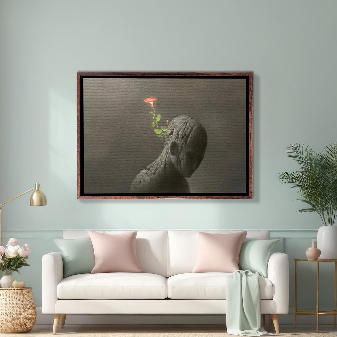 Surreal Cracked Stone Bust Growing a Single Red Flower Dark Art Poster