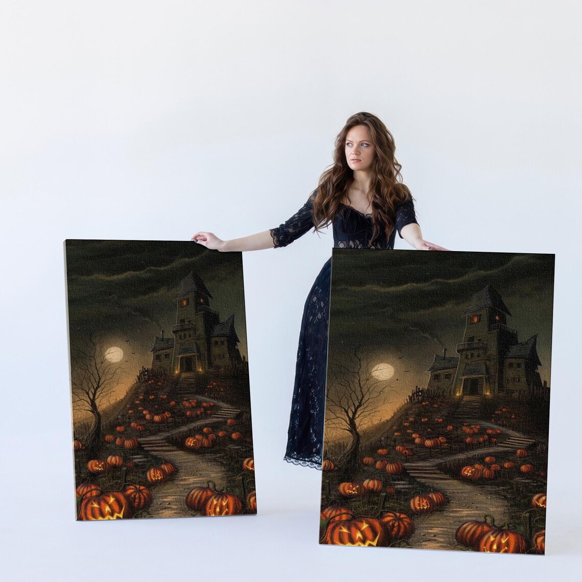 Haunted House on a Hill with Jack O Lanterns at Night Poster - Image 5