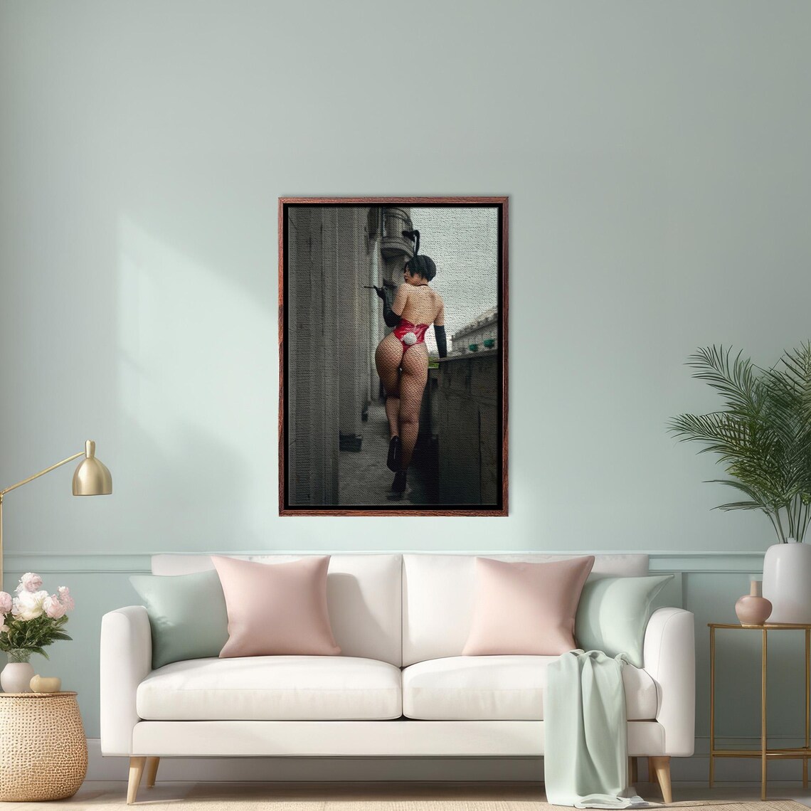 Red Bunny Pin Up Girl Walking Dark City Alley Boudoir Art Poster