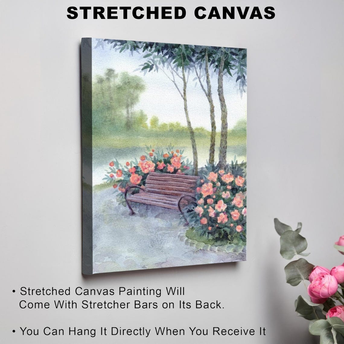 Wooden Park Bench Surrounded By Blooming Pink Roses Garden Poster - Image 3