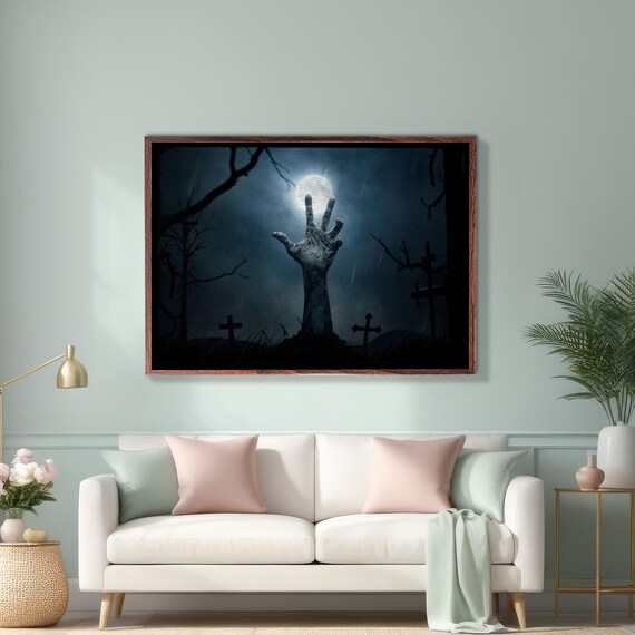 Zombie Hand Rising From Cemetery Grave Full Moon Horror Poster