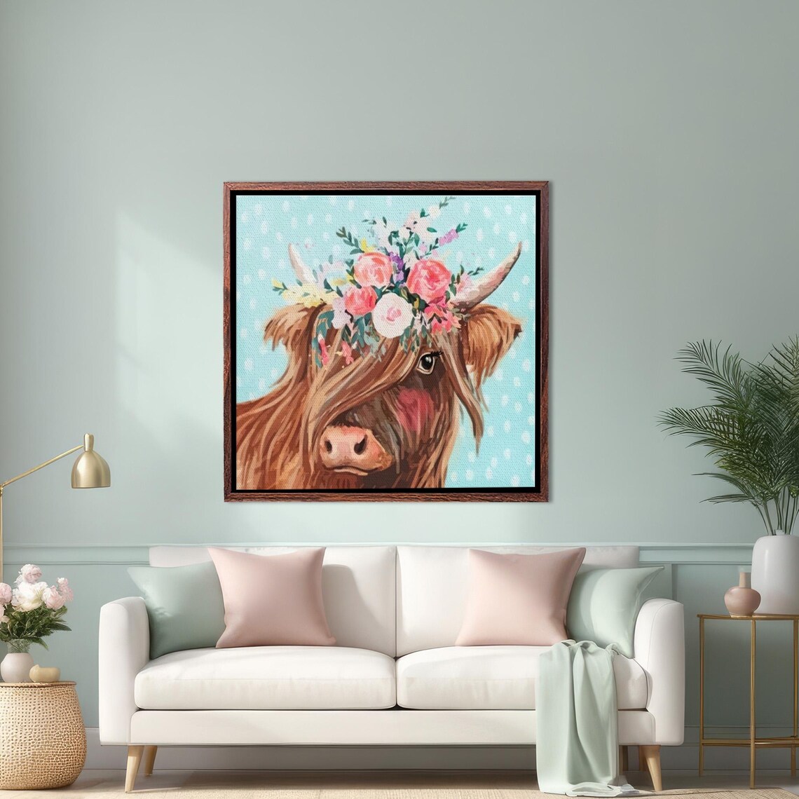Highland Cow With Pink Flower Crown On Teal Background Poster