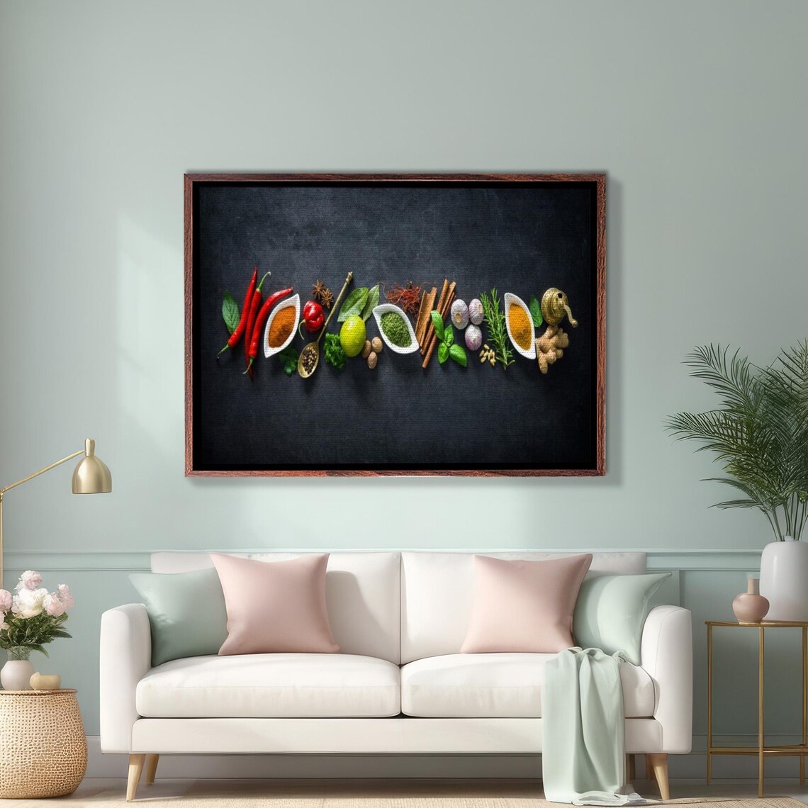 Colorful Spices Lined Up On Black Kitchen Decor Table Poster
