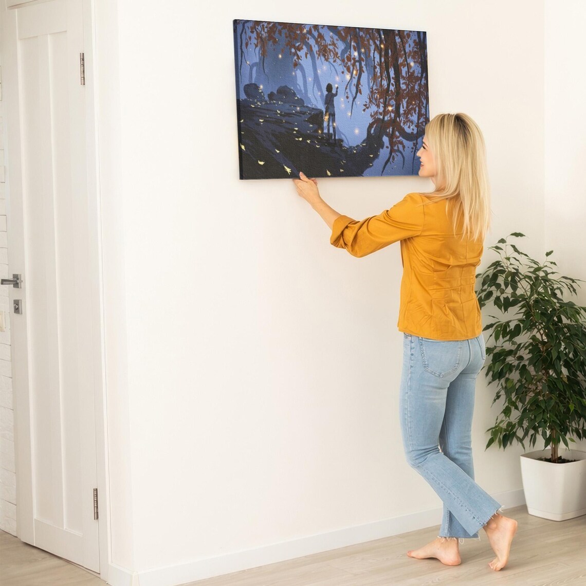 Woman Catching Golden Leaves In Dark Enchanted Autumn Forest Poster - Image 5