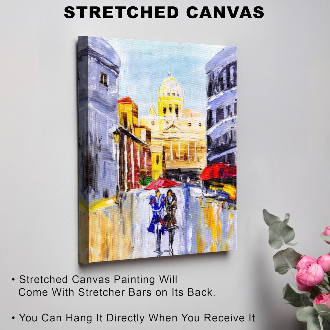 Italy Old Town Street Couple With Red Umbrella Oil Painting Poster - Image 3