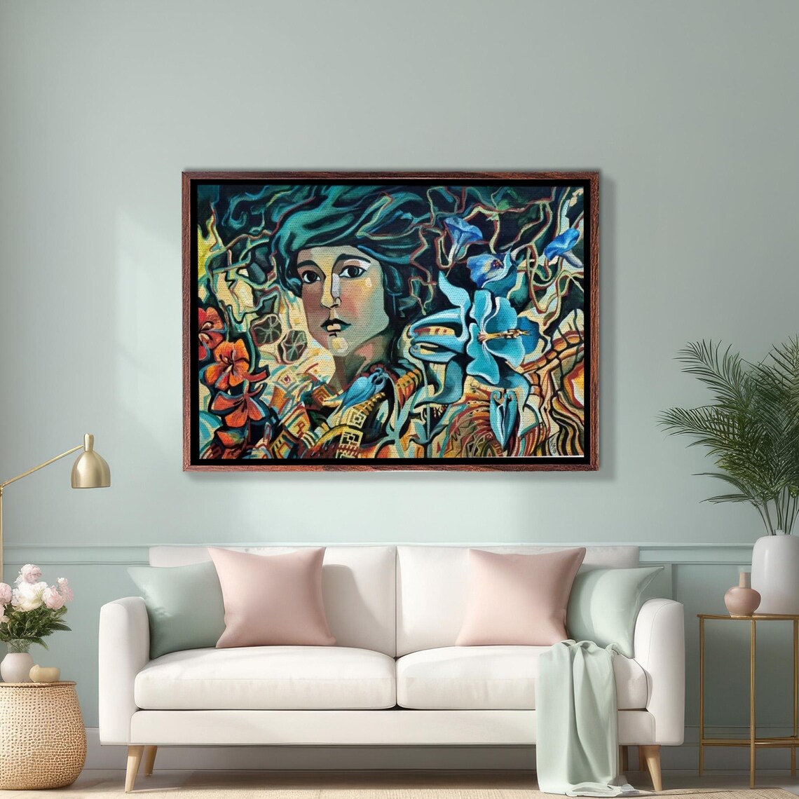 Woman Surrounded by Blue Lilies Stylized Bold Flower Portrait Poster