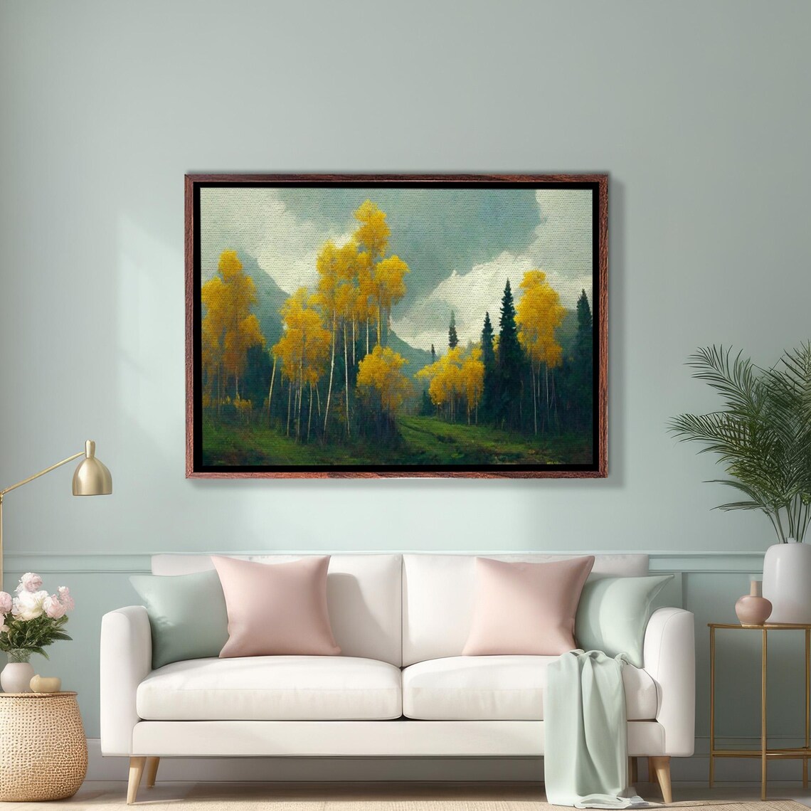 Golden Aspen Trees Among Dark Evergreens Forest Painting Poster