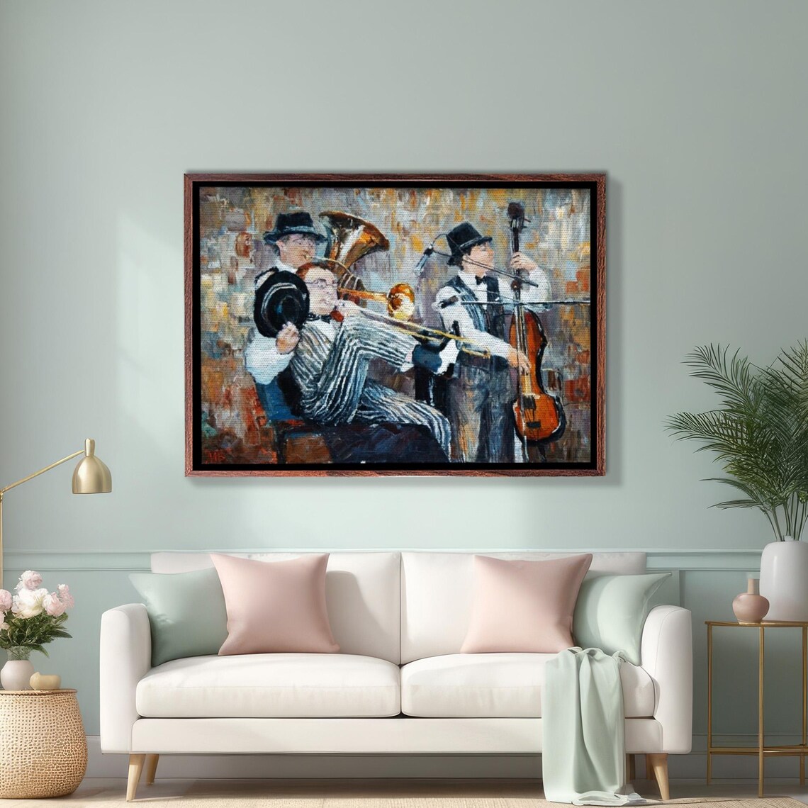 Jazz Band Musicians Playing Tuba Trombone And Bass Painting Poster