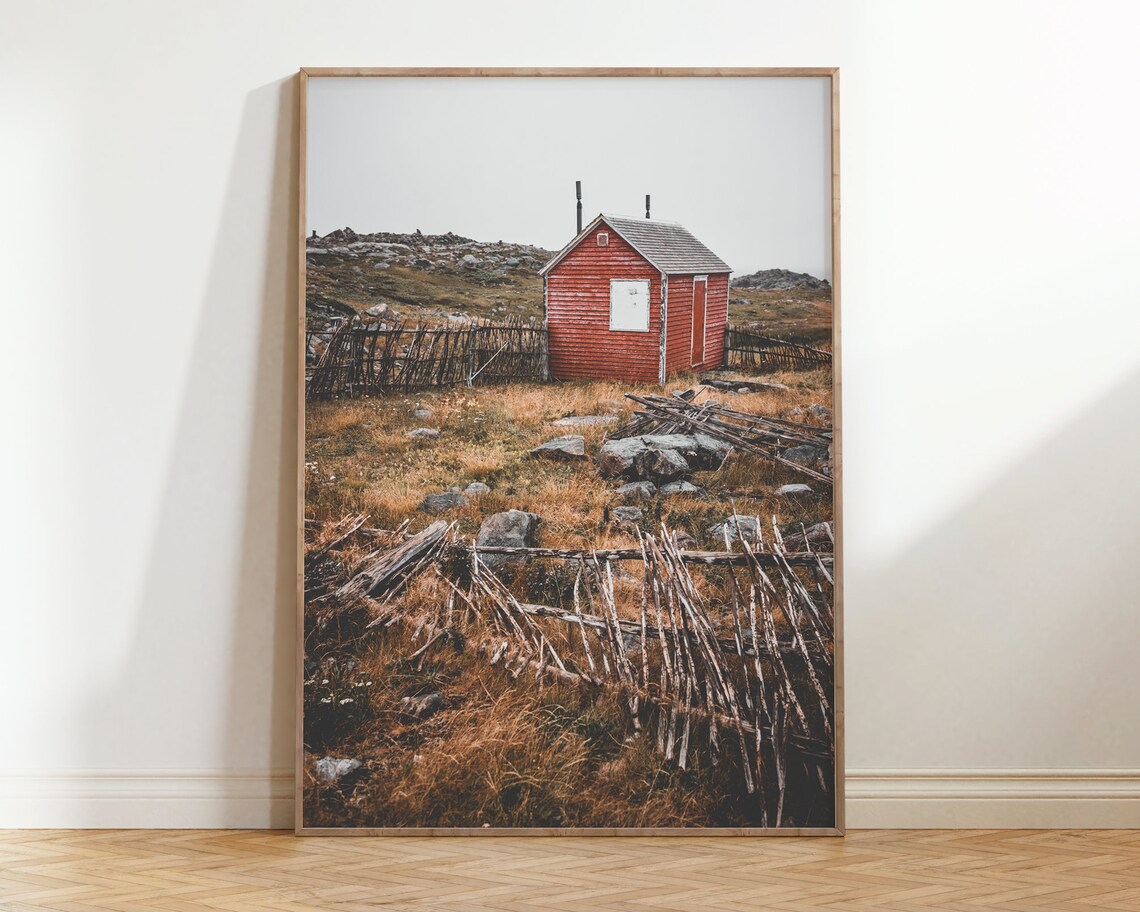 Red Wooden Cabin in Golden Autumn Field Countryside Wall Art