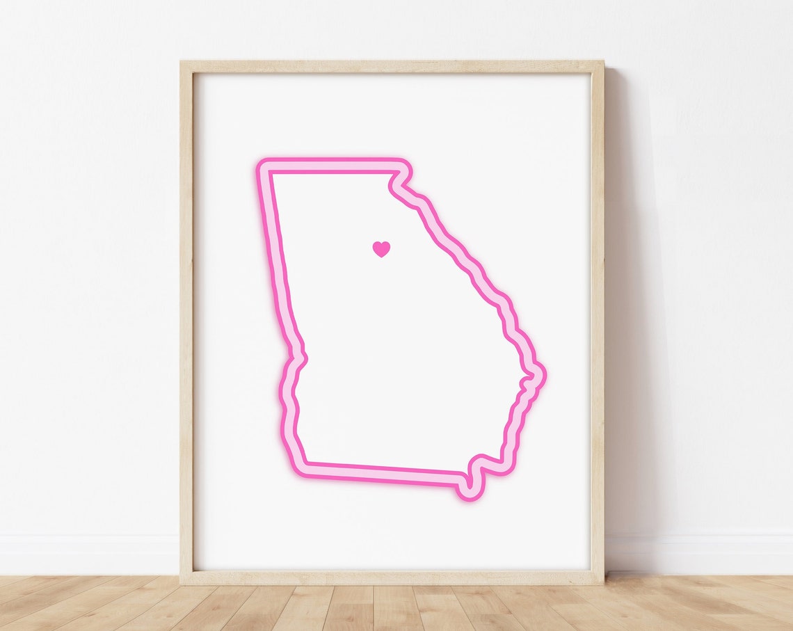Pink Neon Georgia State Map With Heart In Upper Area Decor Poster