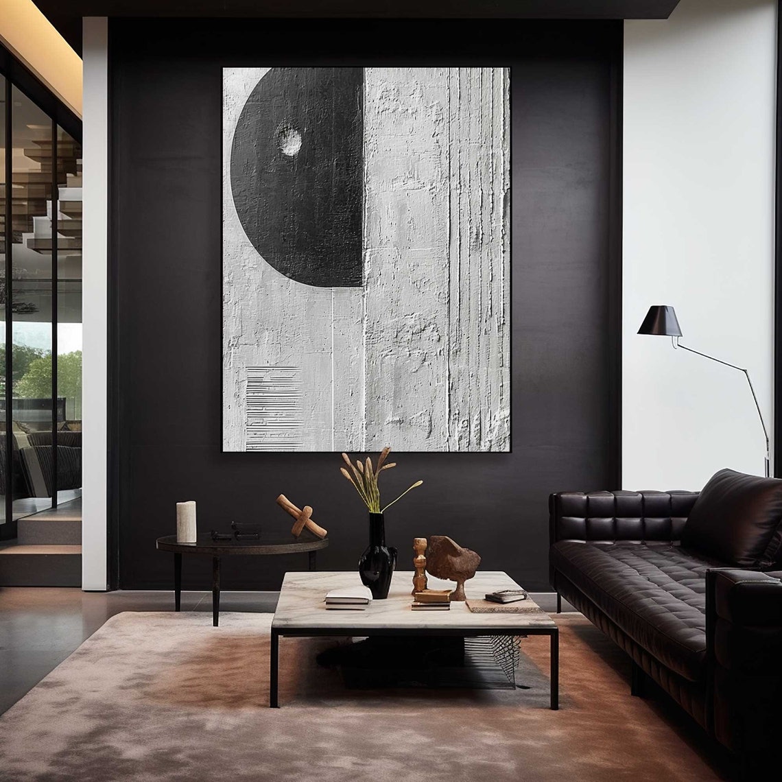 Black Circle on White 3D Textured Minimalist Abstract Poster - Image 2