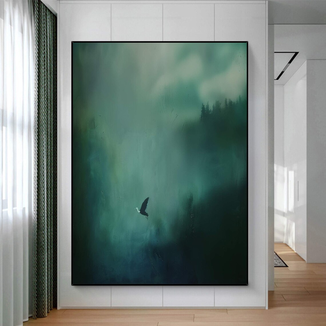 Dark Green Misty Forest Lone Bird Surreal Atmospheric Painting Print - Image 2