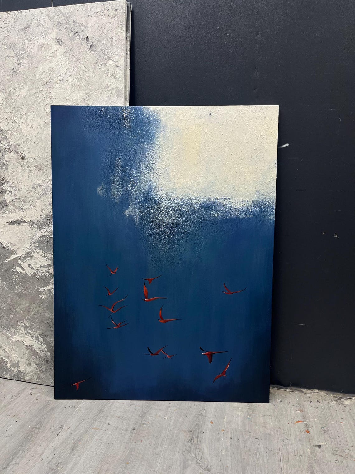 Navy White Abstract Red Birds Flock Flight Dramatic Art Poster - Image 3