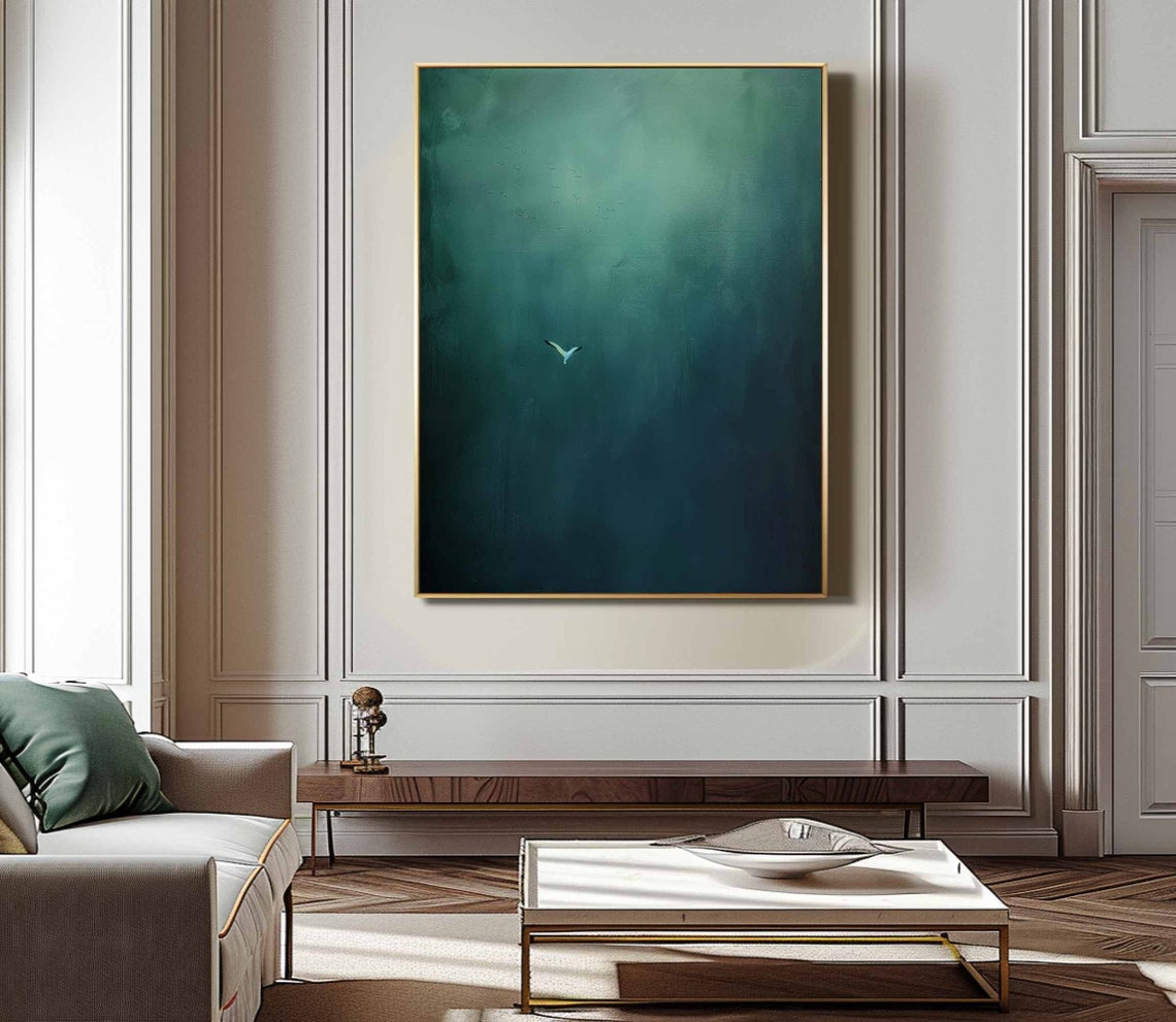 Dark Green Sky Lone Bird Minimalist Moody Emerald Abstract Poster - Image 3