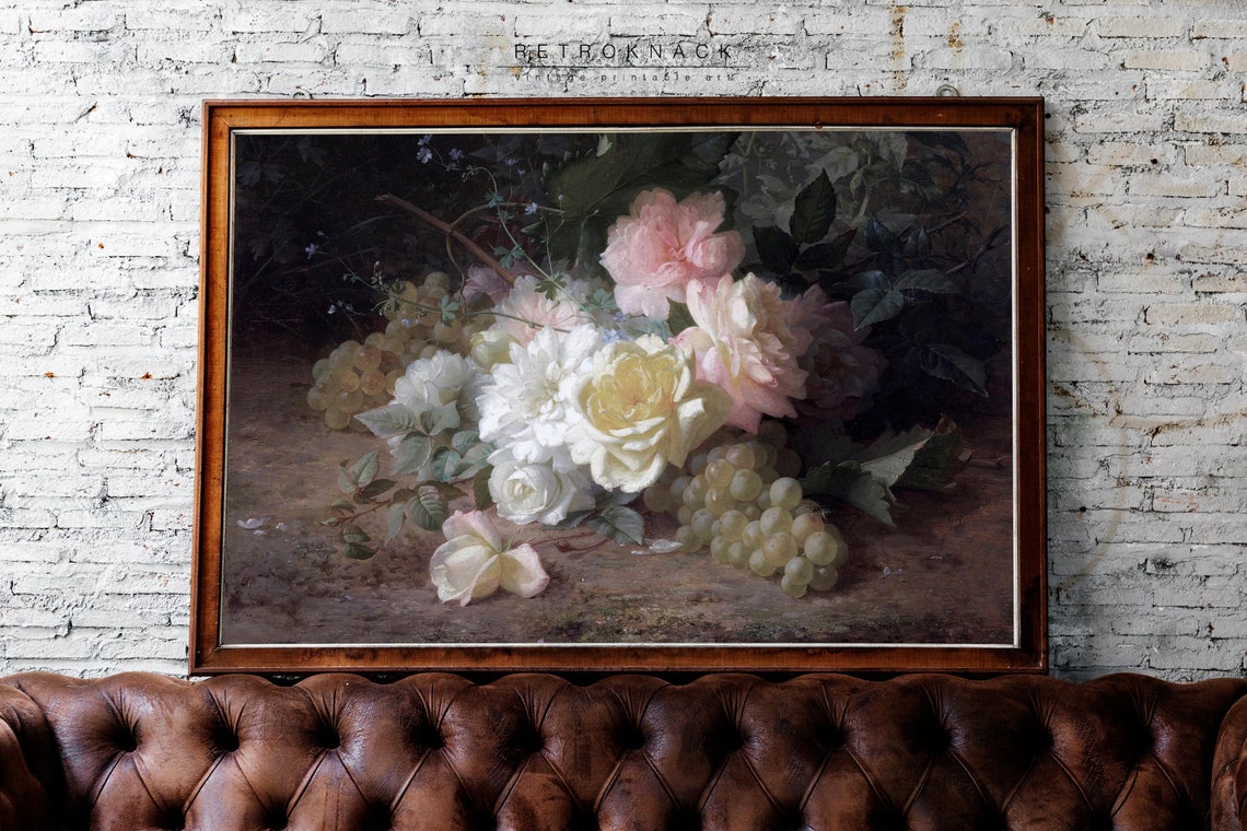 Floral Still Life Painting Roses Wall Art Flowers French Antique Oil Painting Farmhouse Decor Pt24 - Image 2