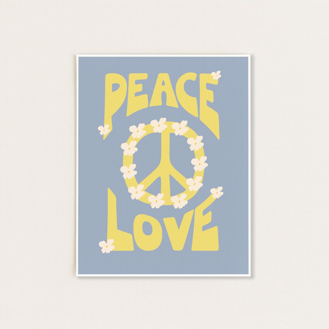 Retro Peace and Love Yellow Floral 70s Typography Art Poster