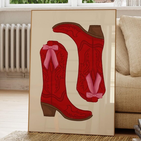 Coastal Cowgirl Red Cowboy Boots Pink Bows Retro Trendy Poster