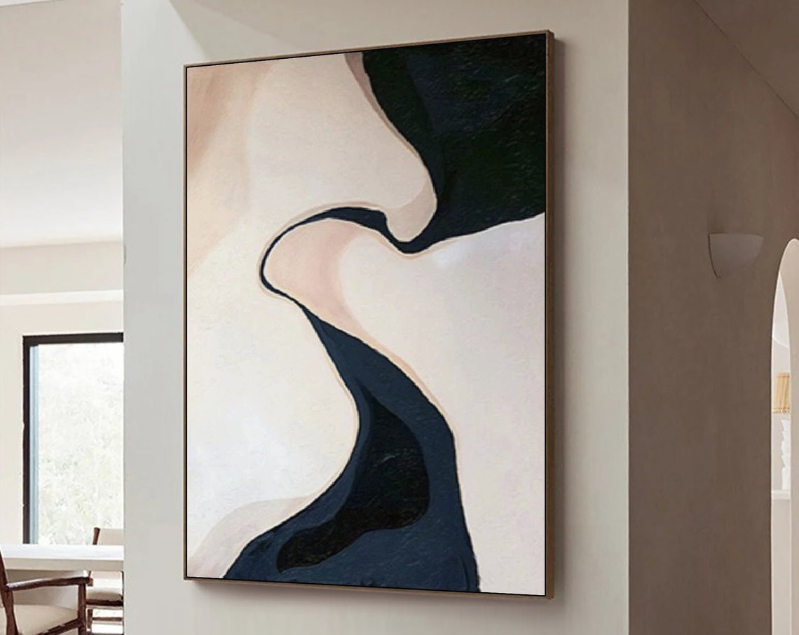 Navy Blue Flowing Wave on Ivory Minimalist Abstract Painting Poster