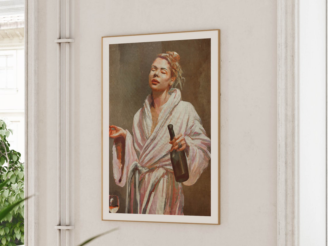 Woman in Bathrobe Wine Bottle Self Care Funny Bathroom Poster - Image 2