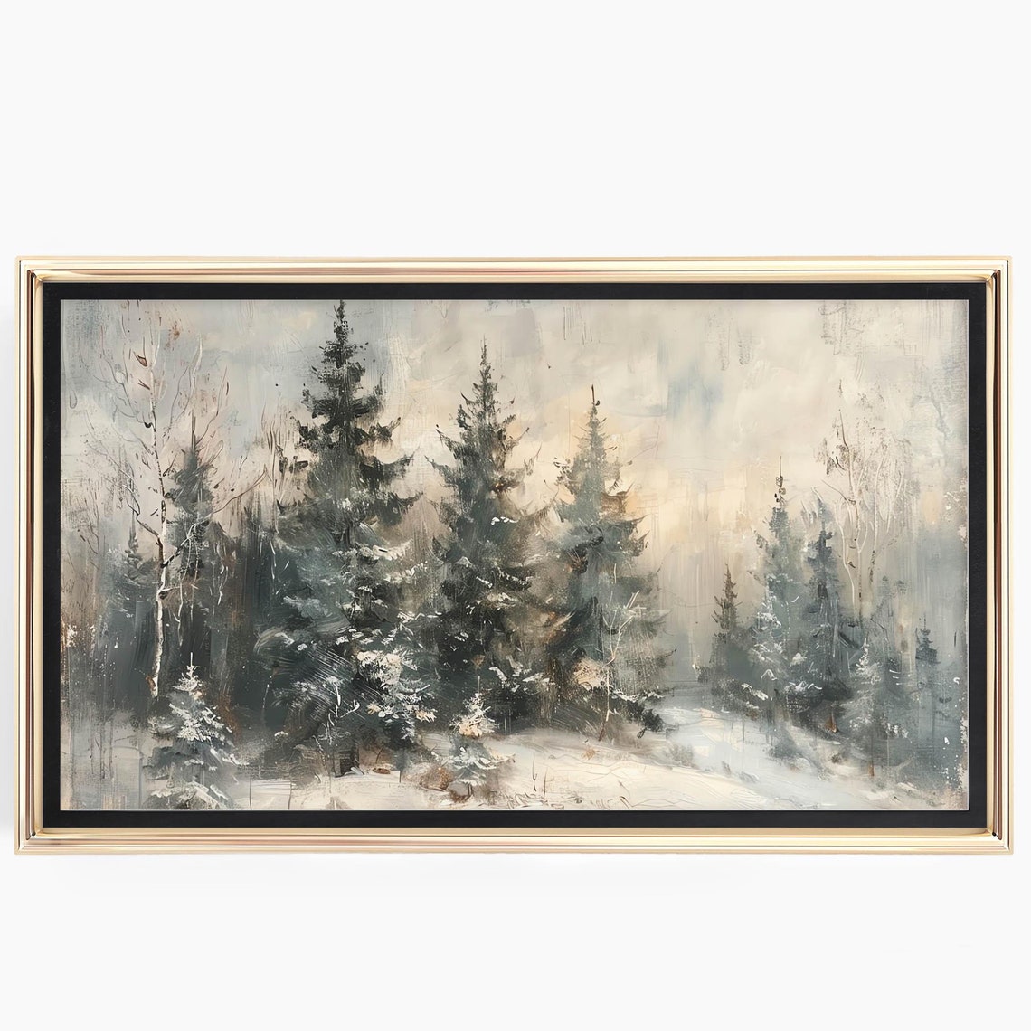 Snowy Pine Forest Winter Painting Muted Blue Gray Frame TV Poster