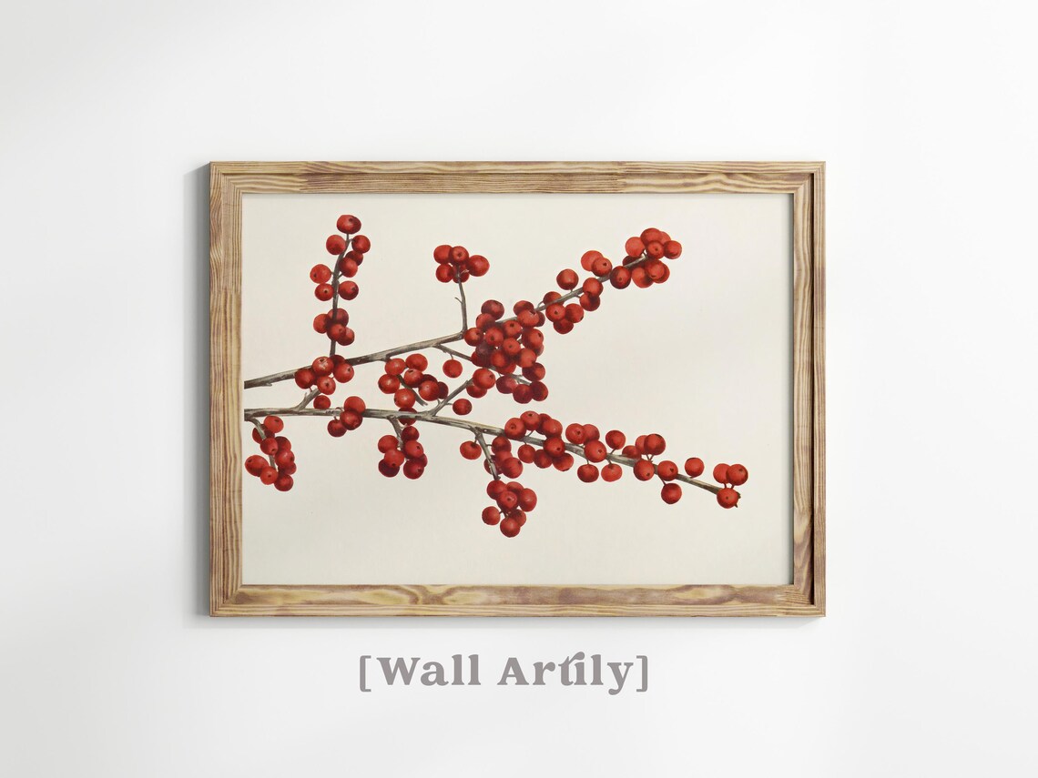 Red Winter Berry Branch Botanical Watercolor Holiday Art Poster - Image 4