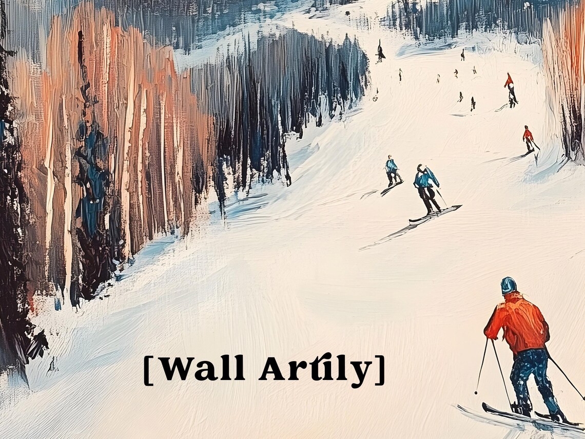 Vintage Ski Slope Mountain Winter Skiers Landscape Art Poster - Image 5