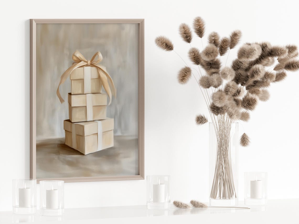 Beige Gift Box with Champagne Satin Bow Elegant Painterly Poster - Image 3