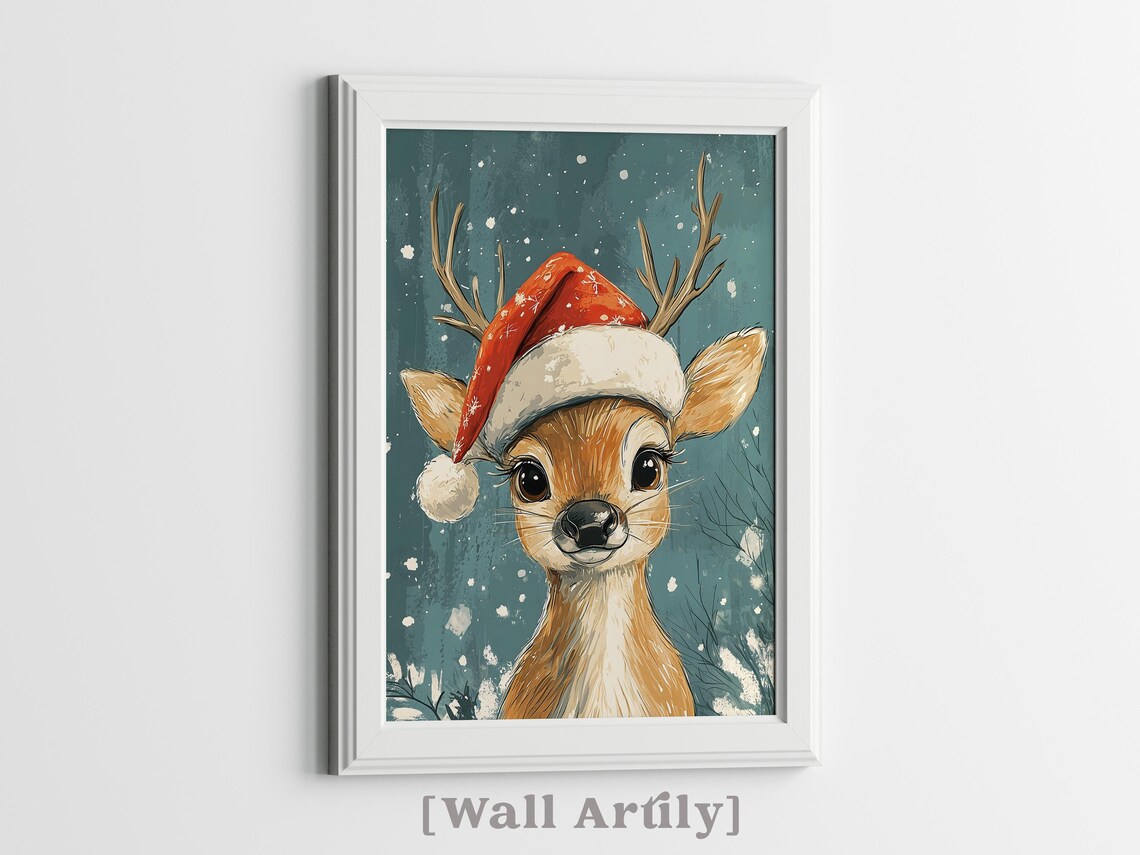 Cute Reindeer Santa Hat Christmas Snowy Woodland Animal Poster - Image 6