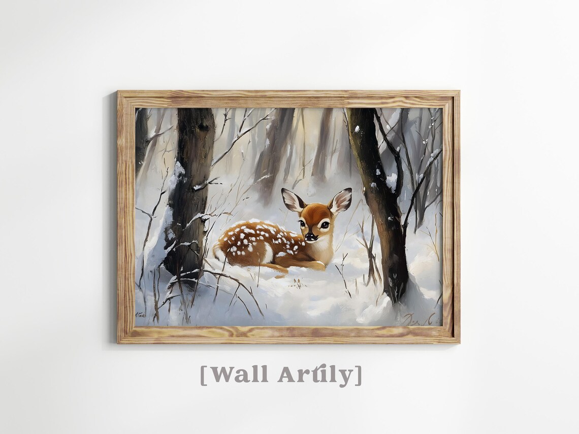 Sweet Little Fawn Resting In Snowy Woodland Winter Painting Poster