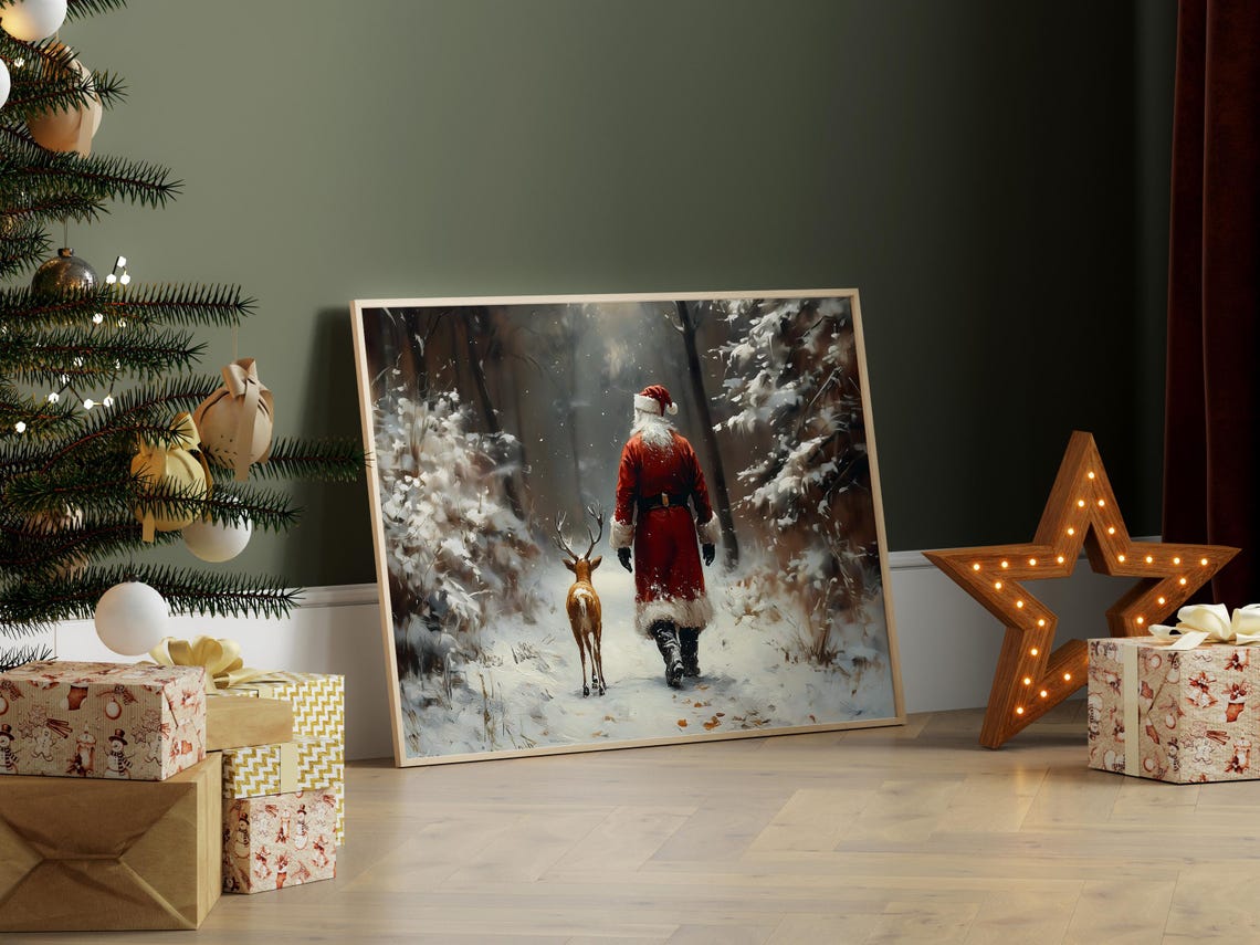 Santa Claus And Reindeer Walking Away Into Snowy Woods Poster - Image 7