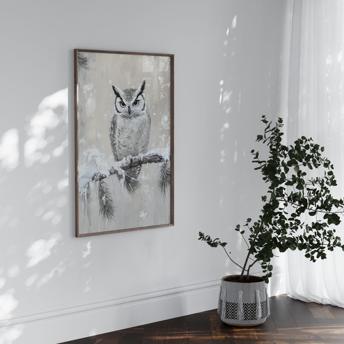 Great Horned Owl Snowy Pine Branch Winter Bird Portrait Poster - Image 5