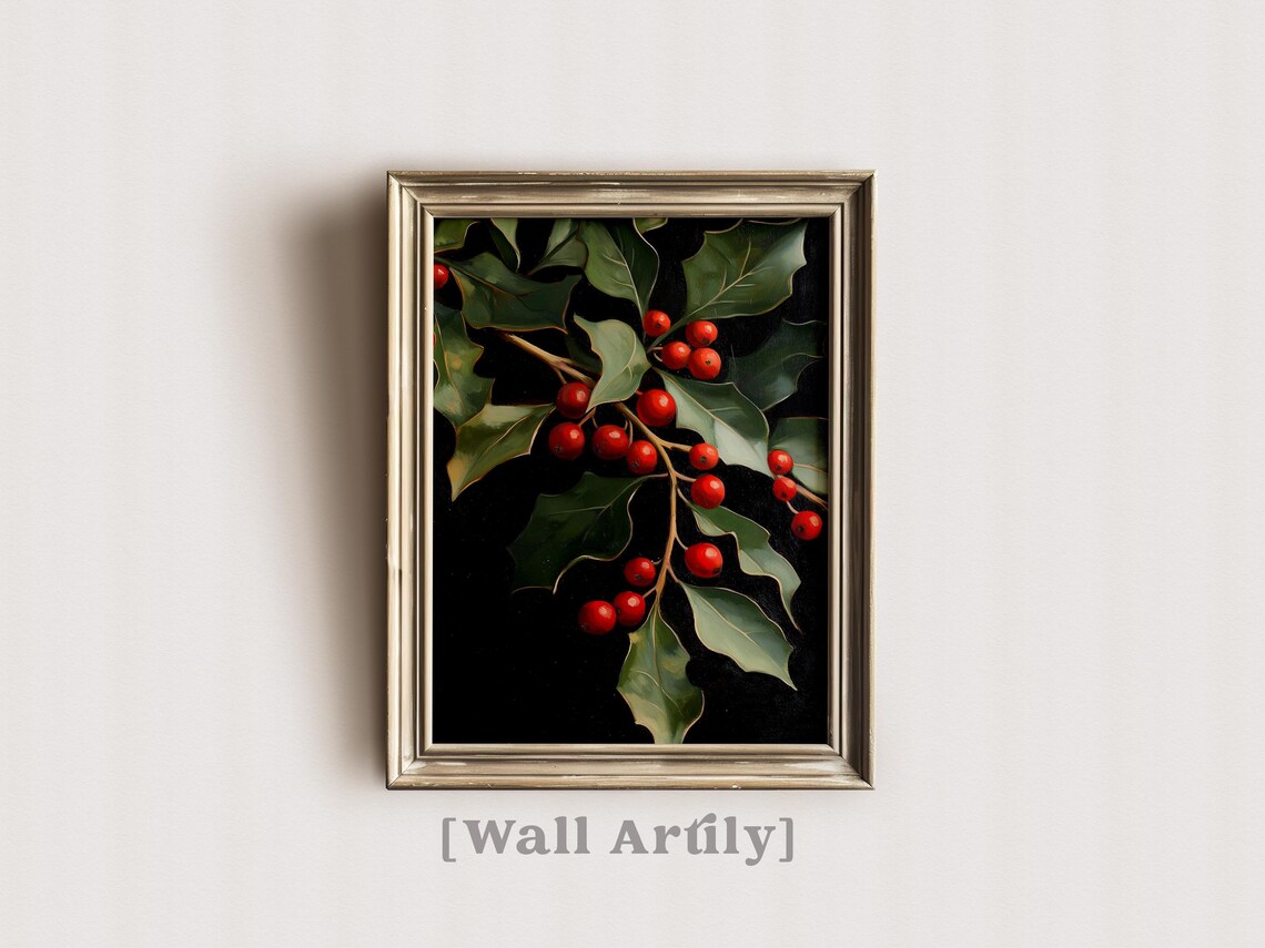 Moody Holly Branch With Red Berries On Dark Background Oil Poster - Image 6