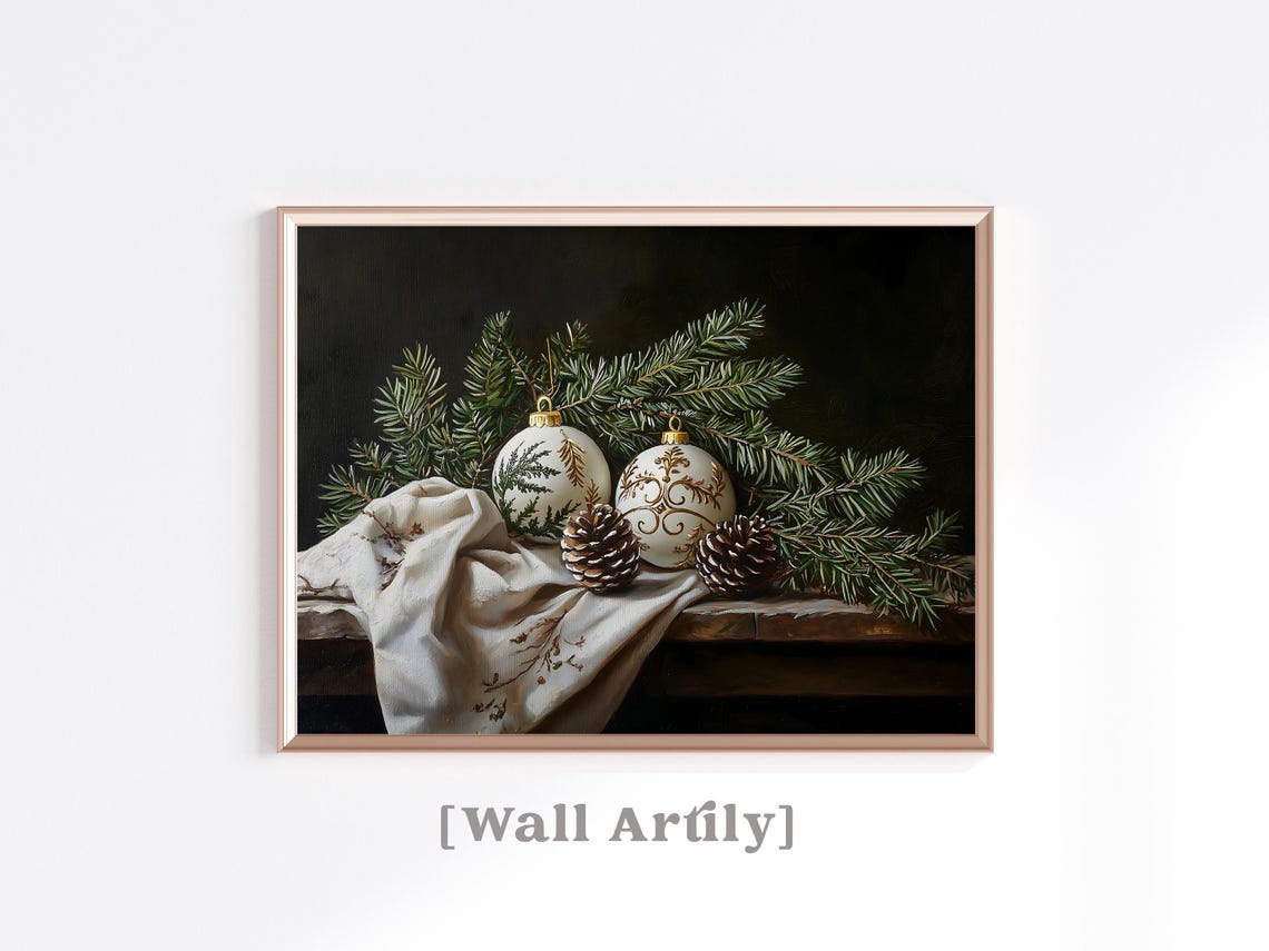 Moody Christmas Still Life With White Baubles And Pinecones Poster - Image 3