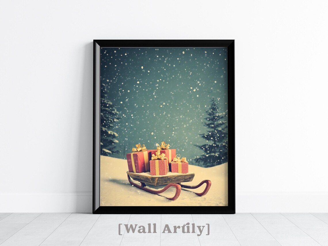 Antique Wooden Sleigh Red Gifts Snowfall Christmas Night Poster - Image 4