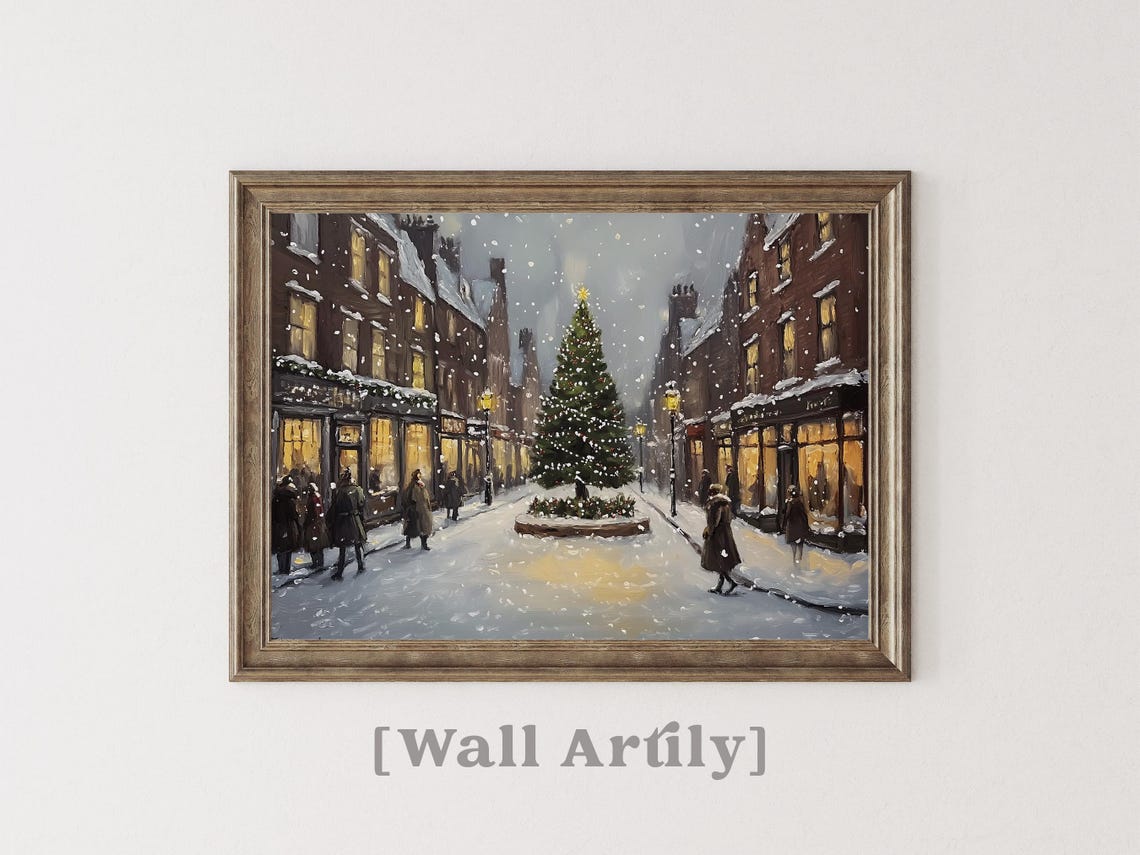 Snowy Old Town Street Christmas Tree Night Lamp Vintage Art Poster - Image 4